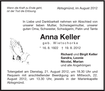 Traueranzeige von Anna Keller von Schwäbische Post
