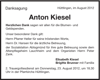 Traueranzeige von Anton Kiesel von Schwäbische Post