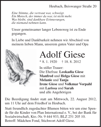 Traueranzeige von Adolf Giese von Gmünder Tagespost