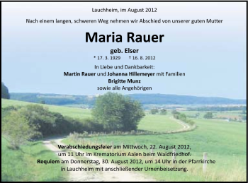 Traueranzeige von Maria Rauer von Schwäbische Post