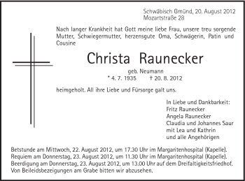Traueranzeige von Christa Raunecker von Gmünder Tagespost