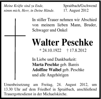 Traueranzeige von Walter Peschke von Gmünder Tagespost