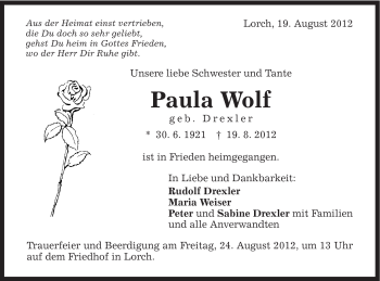 Traueranzeige von Paula Wolf von Gmünder Tagespost