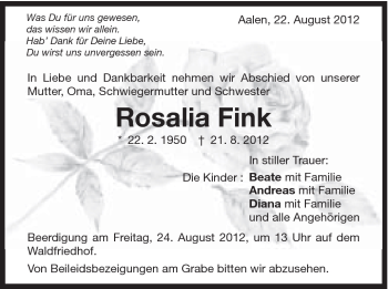 Traueranzeige von Rosalia Fink von Schwäbische Post
