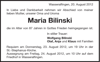 Traueranzeige von Maria Bilinski von Schwäbische Post