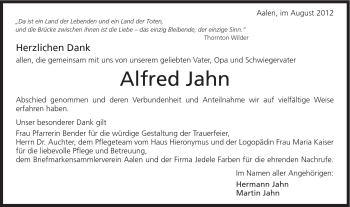 Traueranzeige von Alfred Jahn von Schwäbische Post