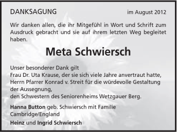 Traueranzeige von Meta Schwiersch von Gmünder Tagespost