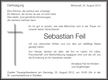 Traueranzeige von Sebastian Feil von Schwäbische Post
