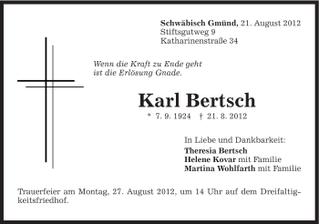 Traueranzeige von Karl Bertsch von Gmünder Tagespost