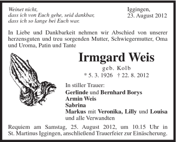 Traueranzeige von Irmgard Weis von Gmünder Tagespost
