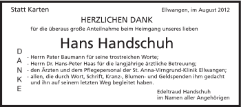 Traueranzeige von Hans Handschuh von Schwäbische Post