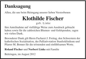 Traueranzeige von Klothilde Fischer von Gmünder Tagespost