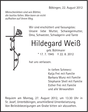 Traueranzeige von Hildegard Weiss von Gmünder Tagespost