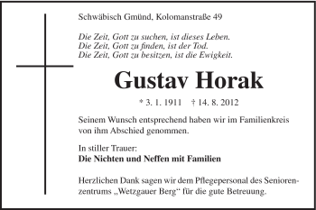 Traueranzeige von Gustav Horak von Gmünder Tagespost