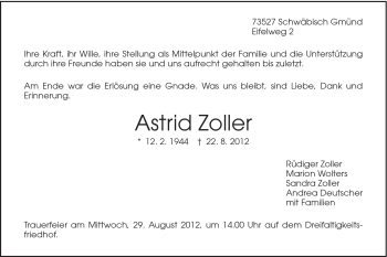 Traueranzeige von Astrid Zoller von Gmünder Tagespost