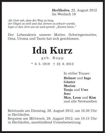 Traueranzeige von Ida Kurz von Gmünder Tagespost