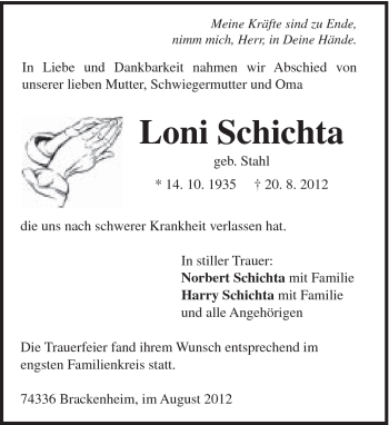 Traueranzeige von Loni Schichta von Schwäbische Post
