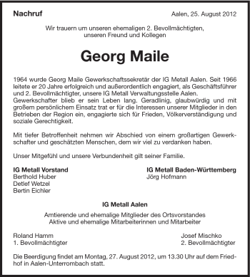 Traueranzeige von Georg Maile von Schwäbische Post