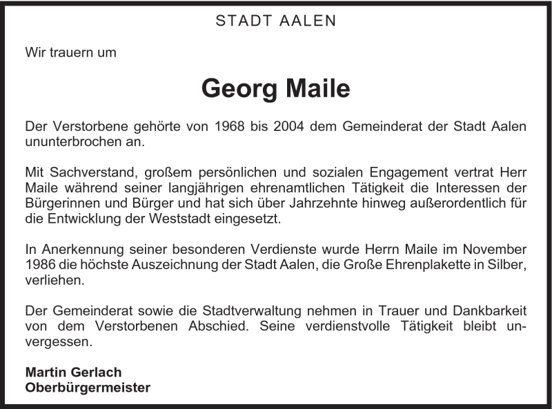  Traueranzeige für Georg Maile vom 27.08.2012 aus Schwäbische Post