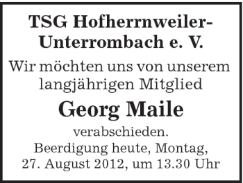 Traueranzeige von Georg Maile von Schwäbische Post