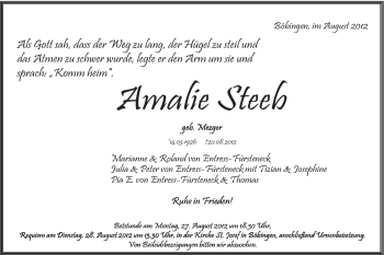 Traueranzeige von Amalie Steeb von Gmünder Tagespost