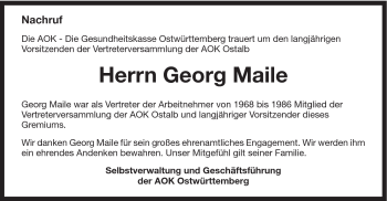 Traueranzeige von Georg Maile von Schwäbische Post