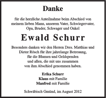 Traueranzeige von Ewald Schurr von Gmünder Tagespost