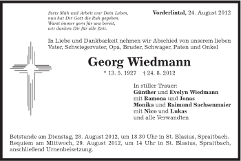 Traueranzeige von Georg Wiedmann von Gmünder Tagespost