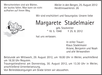 Traueranzeige von Margarete Stadelmaier von Gmünder Tagespost