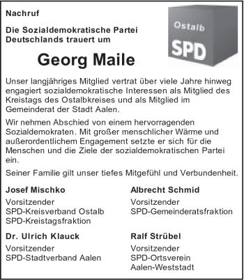 Traueranzeige von Georg Maile von Schwäbische Post