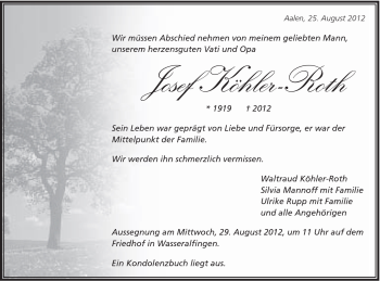Traueranzeige von Josef Köhler-Roth von Schwäbische Post