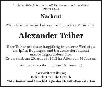 Traueranzeige von Alexander Teiher von Schwäbische Post