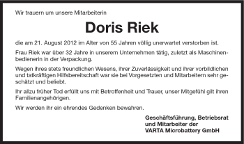 Traueranzeige von Doris Riek von Schwäbische Post