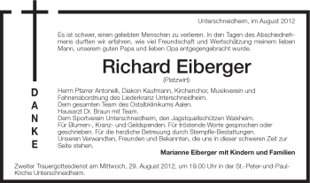 Traueranzeige von Richard Eiberger von Schwäbische Post