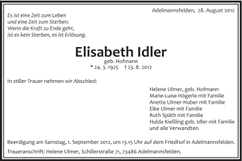 Traueranzeige von Elisabeth Idler von Schwäbische Post