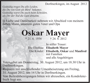 Traueranzeige von Oskar Mayer von Schwäbische Post