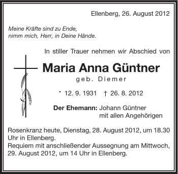 Traueranzeige von Maria Anna Günter von Schwäbische Post
