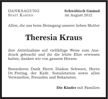 Traueranzeige von Theresia Kraus von Gmünder Tagespost