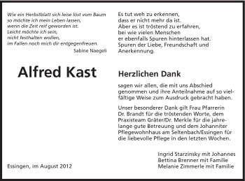 Traueranzeige von Alfred Kast von Schwäbische Post