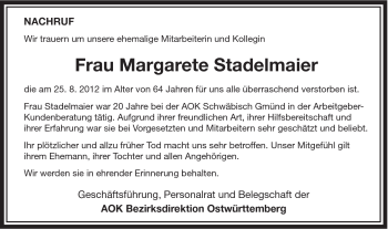 Traueranzeige von Margarete Stadelmaier von Gmünder Tagespost