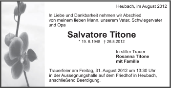 Traueranzeige von Salvatore Titone von Gmünder Tagespost