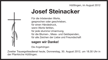 Traueranzeige von Josef Steinacker von Schwäbische Post