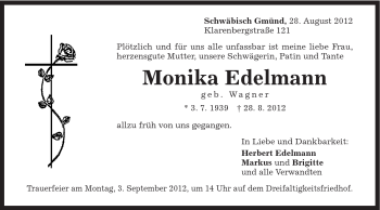 Traueranzeige von Monika Edelmann von Gmünder Tagespost