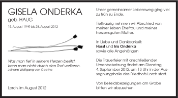 Traueranzeige von Gisela Onderka von Gmünder Tagespost