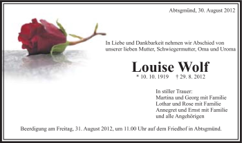 Traueranzeige von Louise Wolf von Schwäbische Post