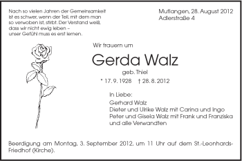 Traueranzeige von Gerda Walz von Gmünder Tagespost