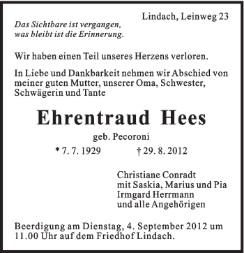 Traueranzeige von Ehrentraud Hees von Gmünder Tagespost