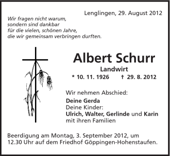 Traueranzeige von Albert Schurr von Gmünder Tagespost
