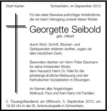 Traueranzeige von Georgette Seibold von Schwäbische Post