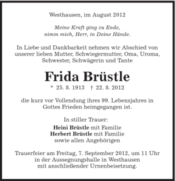 Traueranzeige von Frida Brüstle von Schwäbische Post